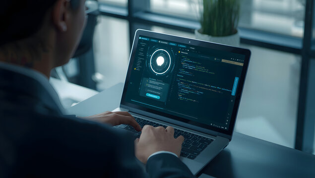Coding the Future: A focused professional works diligently on a laptop, displaying a futuristic interface with code and data visualization, symbolizing innovation and digital progress.