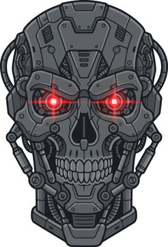 Detailed illustration of a menacing robotic cyborg skull with glowing red eyes.