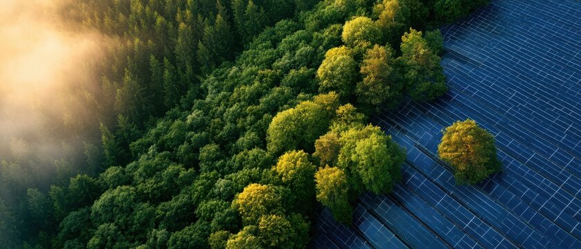 Aerial view of a dense forest meeting a large solar panel array, symbolizing the blend of nature and renewable energy under soft sunlight.