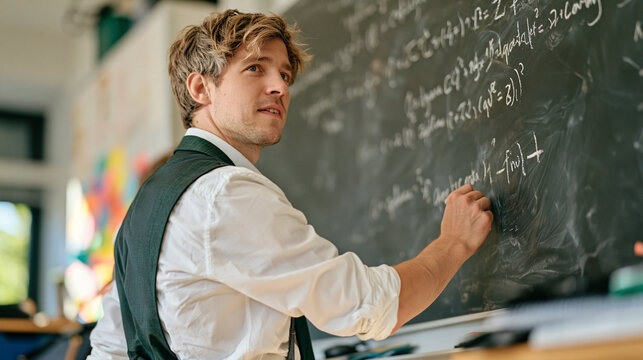 Wide cinematic classroom scene with a young male student in business attire standing beside a massive blackboard covered in algebra, quadratic equations and scientific formulas, writing the final so