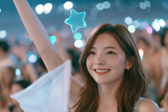 Korean kpop female idol waving performance flag with holographic cheering star icon at concert showing encore excitement and summer stage energy