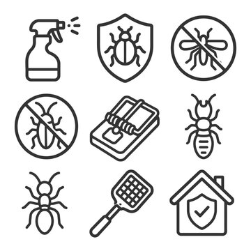 Pest control icons: insects, traps, spray bottles, swatters, insect shield.