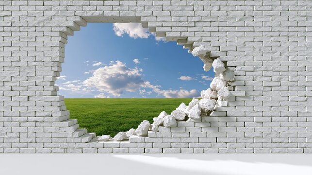 White brick wall broken open to landscape
