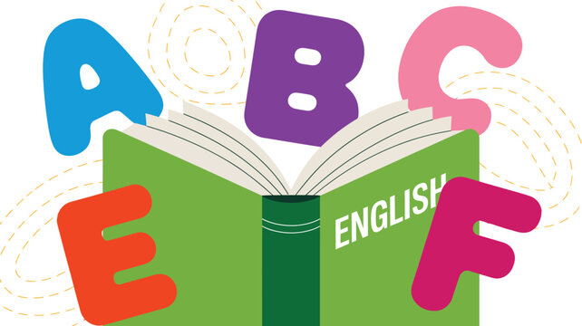 Open English book with large colorful ABCDEF letters scattered around the pages