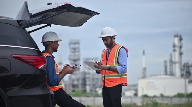Engineers wearing safety gear, including hard hats examining survey tablet standing industrial facility gas or oil refinery engaged in a job requires high safety standards concept.	