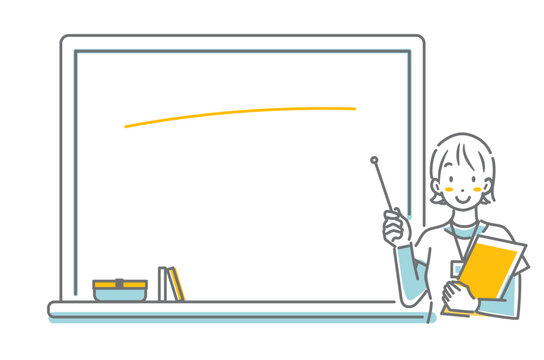 ホワイトボードを使って説明する笑顔のスポーツインストラクター　シンプルでお洒落な線画イラスト