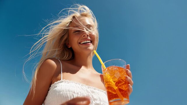 Blonde woman sipping iced orange drink with windblown hair under blue sky