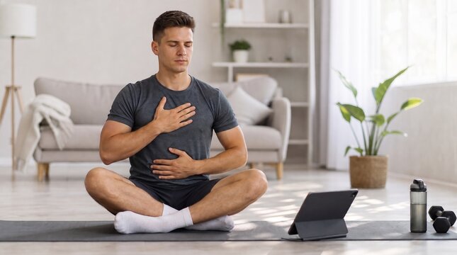 Young Man Practicing Mindful Deep Breathing Meditation on a Yoga Mat in a Bright Living Room, Following Online Wellness Tutorial
