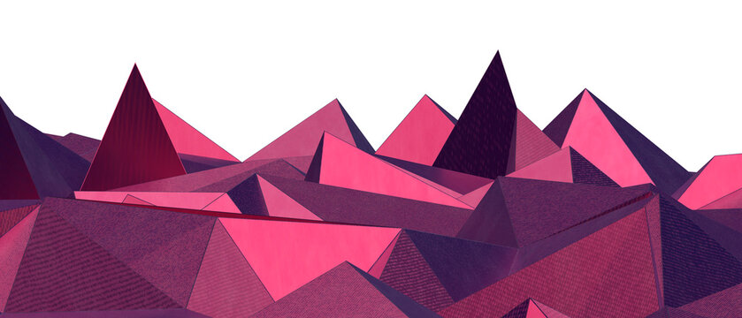 Vibrant low poly abstract landscape with pink and purple mountains, digital art.