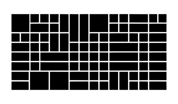 Abstract geometric mosaic pattern with black rectangles and squares in random grid brick wall style texture background design
