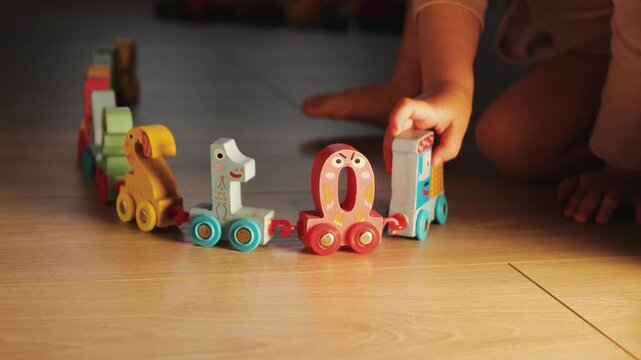 A child plays with a colorful toy train made of numbers on a wooden floor at home.