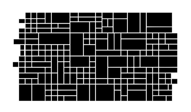 Abstract geometric mosaic pattern with black rectangles and squares in random grid brick style texture background design