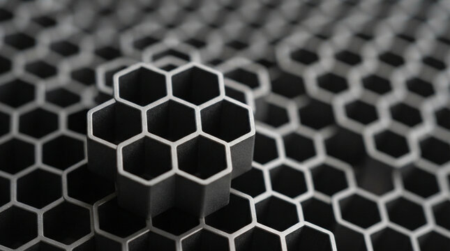 Abstract metallic honeycomb structure with hexagonal cells and shallow