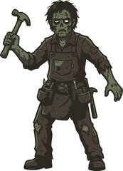 Obraz premium A cartoon illustration of a zombie construction worker holding a hammer.