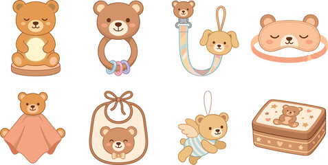 Fototapeta premium Cute Teddy Bear Baby Accessories Collection with Rattles Pacifiers Sleep Mask Bibs Toys and Keepsake Box