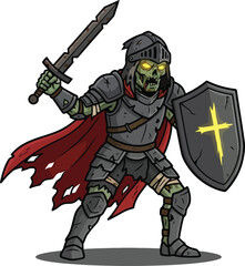 Fototapeta premium An armored undead skeleton warrior wielding a sword and shield with a tattered red cape.