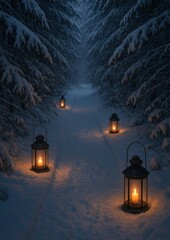 Fototapeta premium Serene snowy lantern path