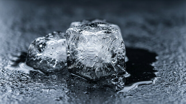 Melting ice cubes resting on a wet dark textured slate surface