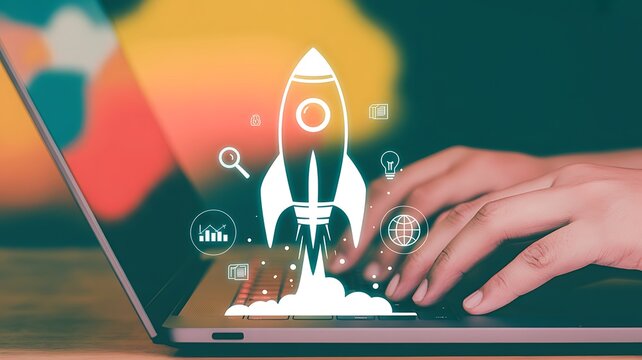 Digital Business Growth Strategy with Rocket Icon Launching on Laptop