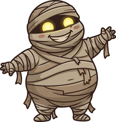 Obraz premium A cute cartoon mummy character with glowing yellow eyes smiling and waving.