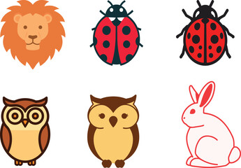 Fototapeta premium Flat cute animal vector icon set featuring lion, ladybug, owl, and rabbit graphics for children app UI layout