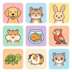 Fototapeta premium Cute pets smiling in colorful icons set for kids education and web