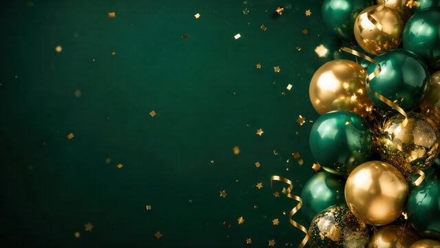 Glossy green and gold balloons with confetti frame a dark emerald background, creating an elegant festive design with generous copy space.