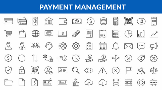 Payment Management Icon Set Representing Financial Transactions.