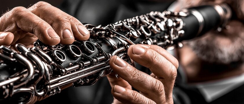 A close up view of musician hands playing a black woodwind instrument with silver keys against a blurred background.