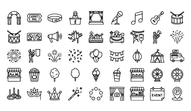 Festival event entertainment outline vector icons with music food games tickets and carnival celebration
