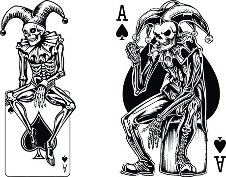 Skeleton jester playing cards set featuring medieval fool skulls, ace of spades graphics, gothic tattoo art elements, and isolated clean vector design for dark fantasy layout