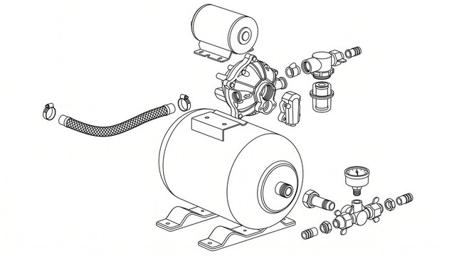 Exploded view line art illustration of a water pump system with pressure tank, motor, valves, and fittings