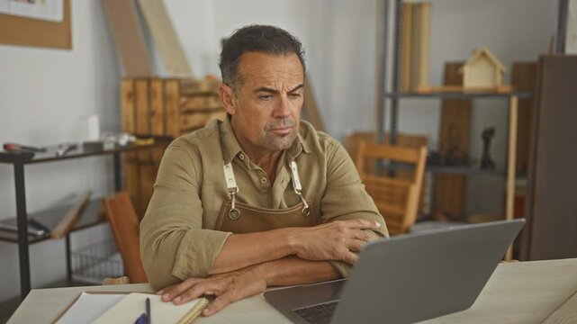 Man carpenter wearing apron with hand on chin at laptop amid wood boards and shelves in studio; thoughtful reflection.