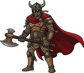 Obraz premium A fierce armored Viking warrior holding a large battle axe with a flowing red cape.