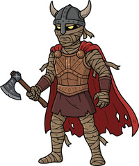 Naklejka premium Cartoon illustration of a mummified Viking warrior holding a battle axe.