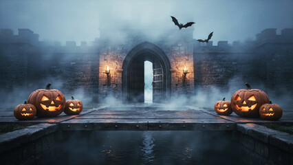 Naklejka premium Halloween Jack-O-Lanterns on Drawbridge with Castle Gate, Torches and Bats in Fog
