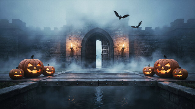 Halloween Jack-O-Lanterns on Drawbridge with Castle Gate, Torches and Bats in Fog
