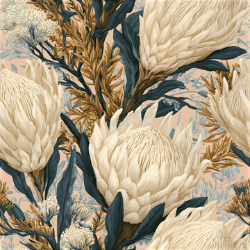 Australian native floral pattern with cream protea flowers and blue leaves creating natural elegant seamless design