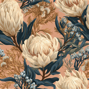 Australian native floral cream protea flower with blue leaves seamless pattern on peach background, elegant natural design