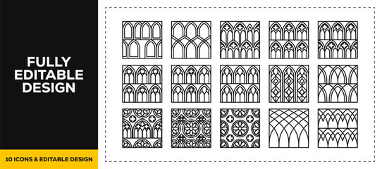 Fototapeta premium flat vector illustration line art icon bundle set design highlighting gothic window styles arched frames and medieval architecture for historical building renovation apps