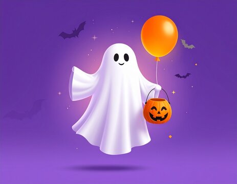 Cute floating ghost with pumpkin bucket for Halloween