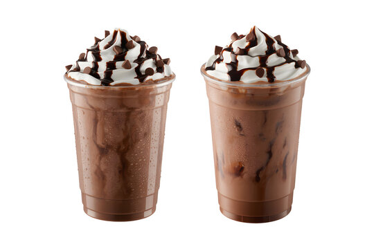 Chocolate Mocha Frappe with Whipped Cream and Chocolate Drizzle in Plastic Takeaway Cup on Transparent Background