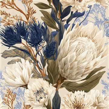 Bohemian seamless floral pattern with ivory protea blooms and blue thistle flowers creating elegant natural design