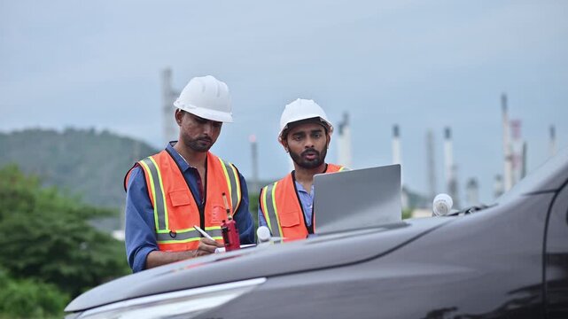 Engineers wearing safety gear, including hard hats examining survey tablet standing industrial facility gas or oil refinery engaged in a job requires high safety standards concept.	