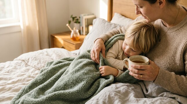 Mother cuddling child under blanket while holding a cup of coffee  