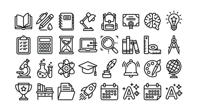 black line icons of education and learning concepts on white background