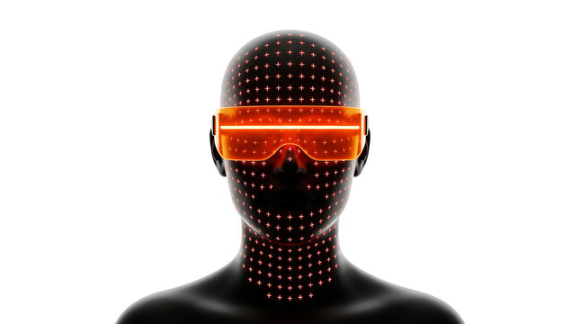 Futuristic mannequin head with glowing orange visor and pixelated pattern