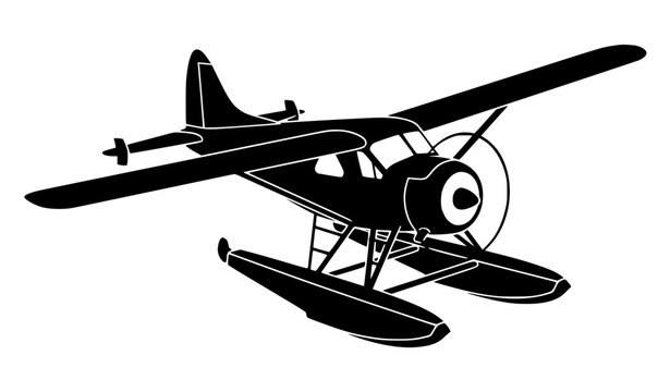 Vintage bush seaplane black silhouette with pontoons in flight vector illustration