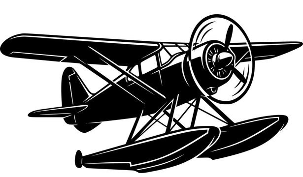 Retro floatplane seaplane black silhouette in three quarter view vintage aviation vector