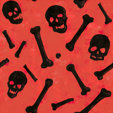 Black skull and bone seamless pattern on red background with spooky Halloween vibe and grunge texture